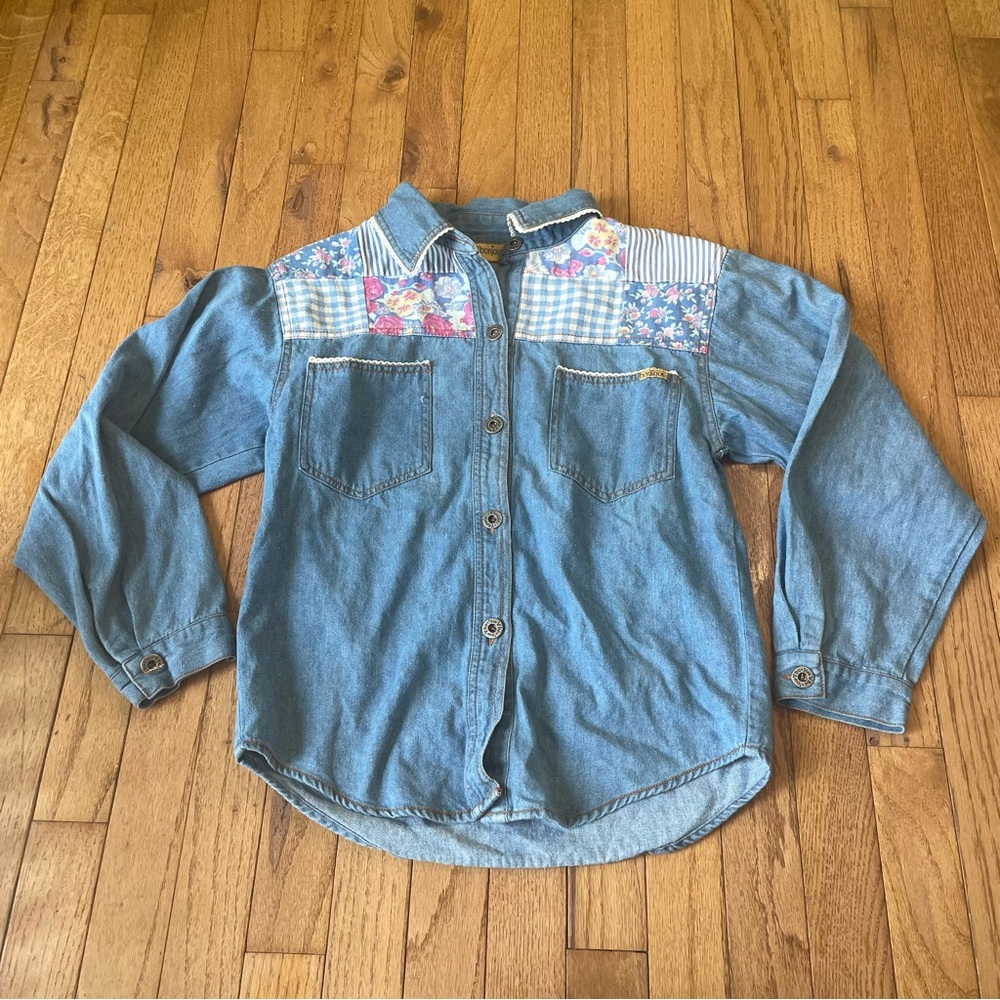 VTG BONJOUR BLUE DENIM JEAN FLORAL PATCHWORK WESTERN BUTTON UP SHIRT SIZE 12